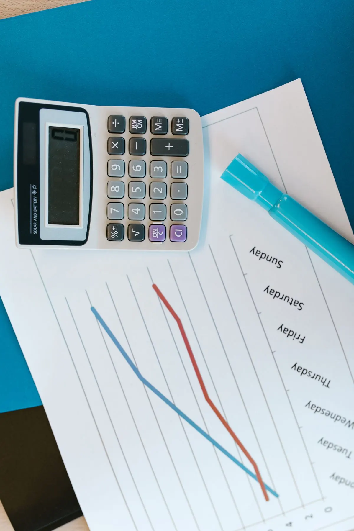 Top view of a desk with a calculator, graph papers and a marker